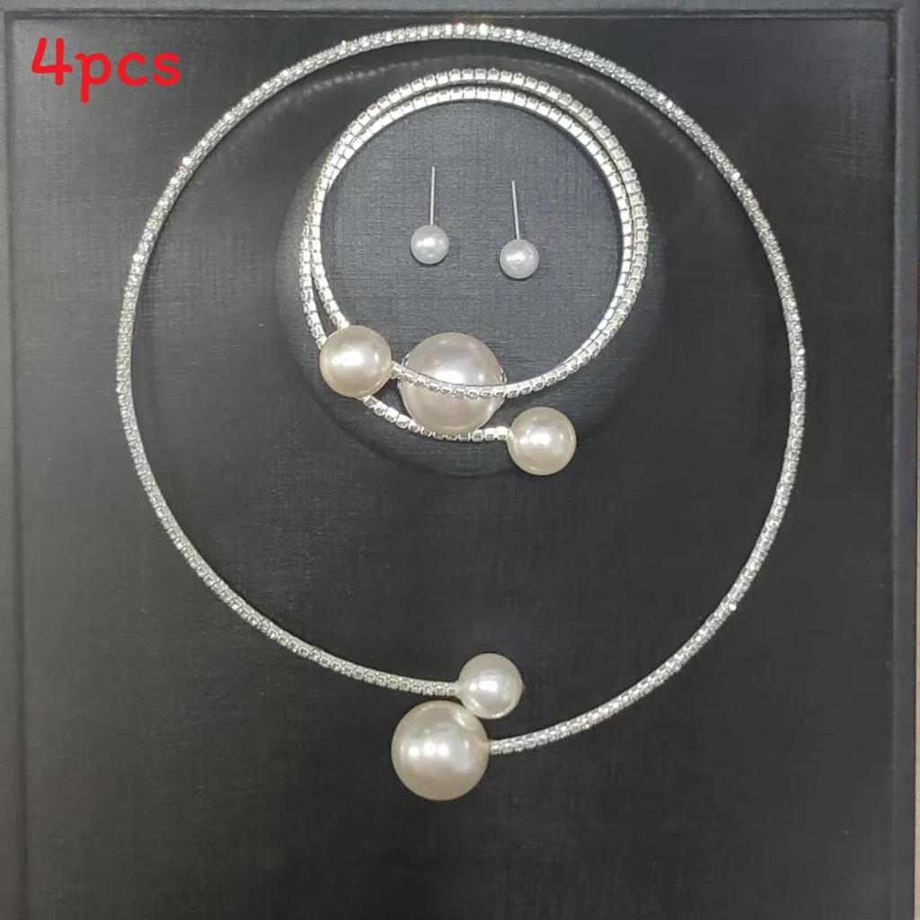 Artificial Pearl Jewelry Set With Diamondaccented Necklace Earrings And Bracelet For Women