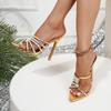 Summer New Sexy Women's Pointed Rhinestone Crystal Gold Silver Slim High Heel Slippers Large Size Shoes