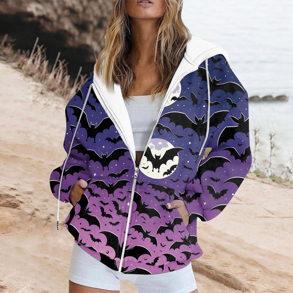 Женская толстовка с длинным рукавом и принтом на Хэллоуин, куртка с капюшоном и карманом на молнии