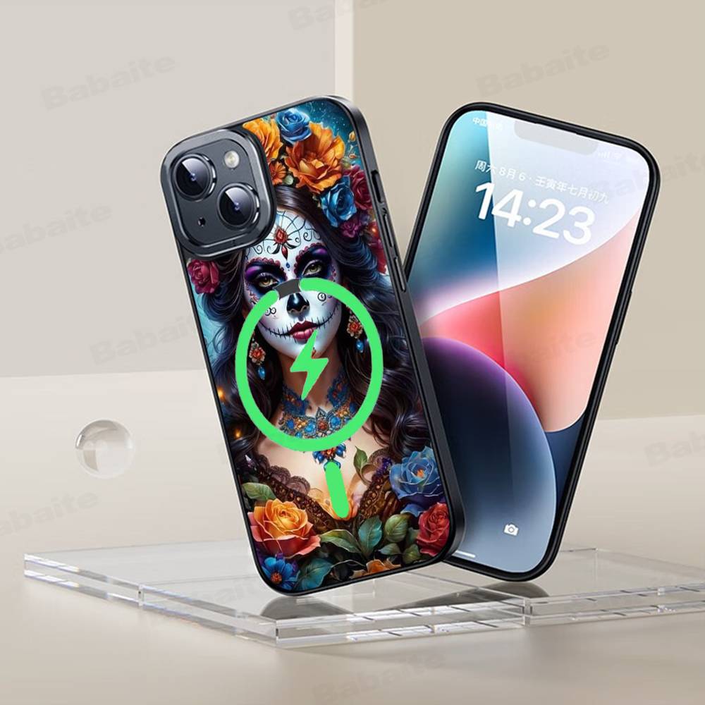 Чехол для телефона Catrina Красивая Девушка Роза Череп Магнитный Чехол Для iPhone 17 16 15 14 13 12 11 Для Magsafe Беспроводная Зарядка Чехол