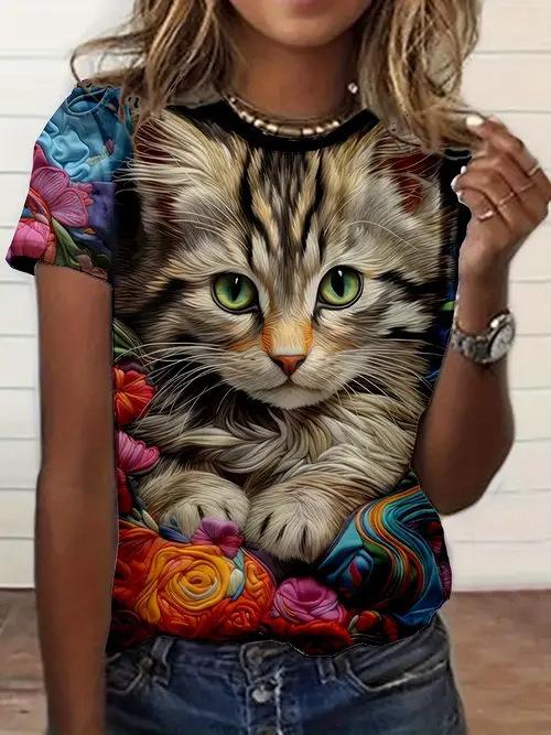 Мультяшные футболки с котами Милый котенок Животное 3D-принт Женская футболка с коротким рукавом и круглым вырезом Футболки Харадзюку Y2K Топы Женская одежда