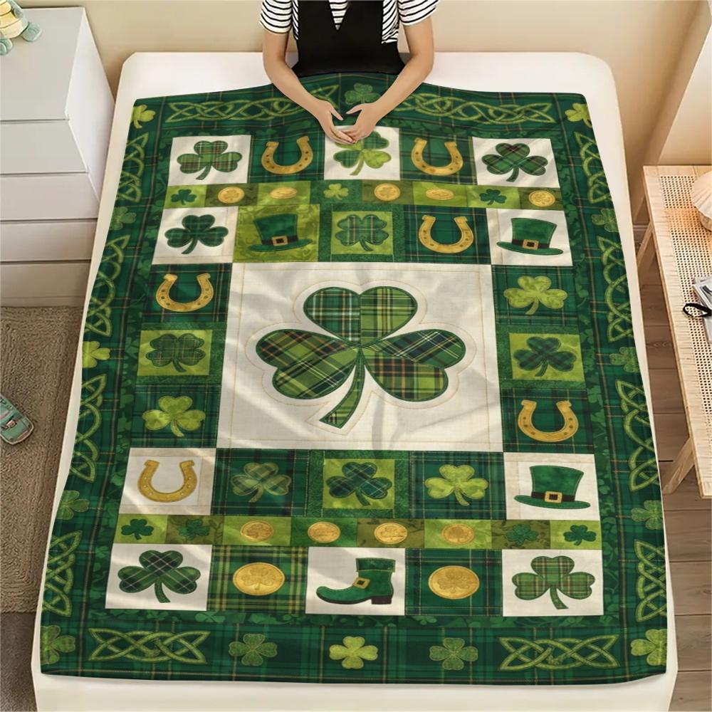 1Pc St.Patrick's Day Print Flannel Blanket, High quality Comfortable for All Seasons, Home Decor, Warmth and Comfort, Perfect for Christmas Gifts W72