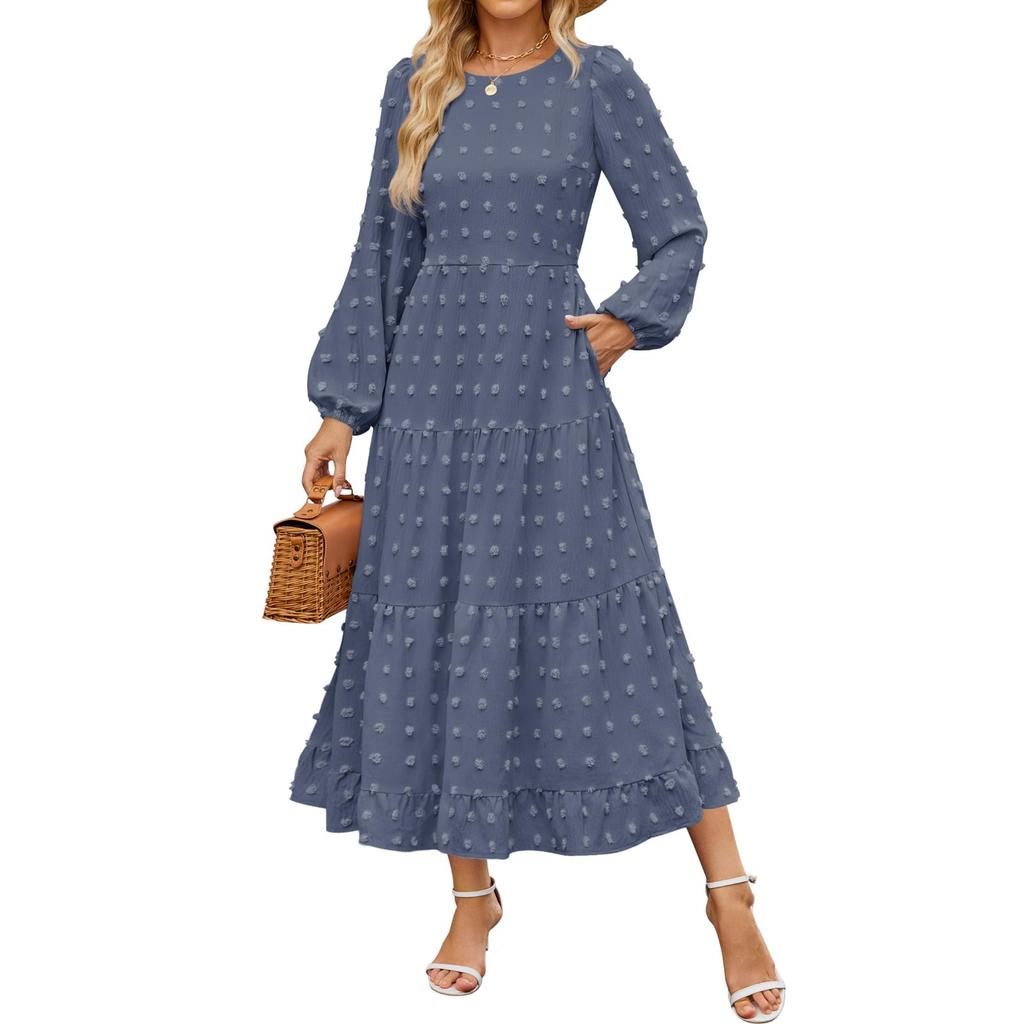 Women's Casual Round Neck Polka Dot Tiered Long Sleeve Ruffle Pocket Dresses