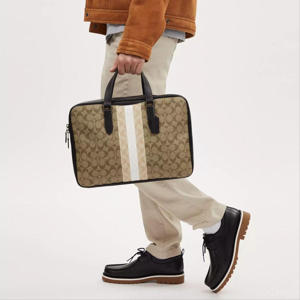 Coach Graham 39 Striped Logo Classic Canvas Leather Handbag Men Handbags Khaki White CQ036-QBE7V