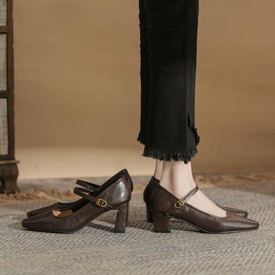 Версия из коровьей кожи~ Удобная рабочая обувь для通勤, толстый каблук, одинарная обувь, женская, 2025 новинка, 3 высоты каблука, большой размер, маленький размер, маленькая одинарная обувь