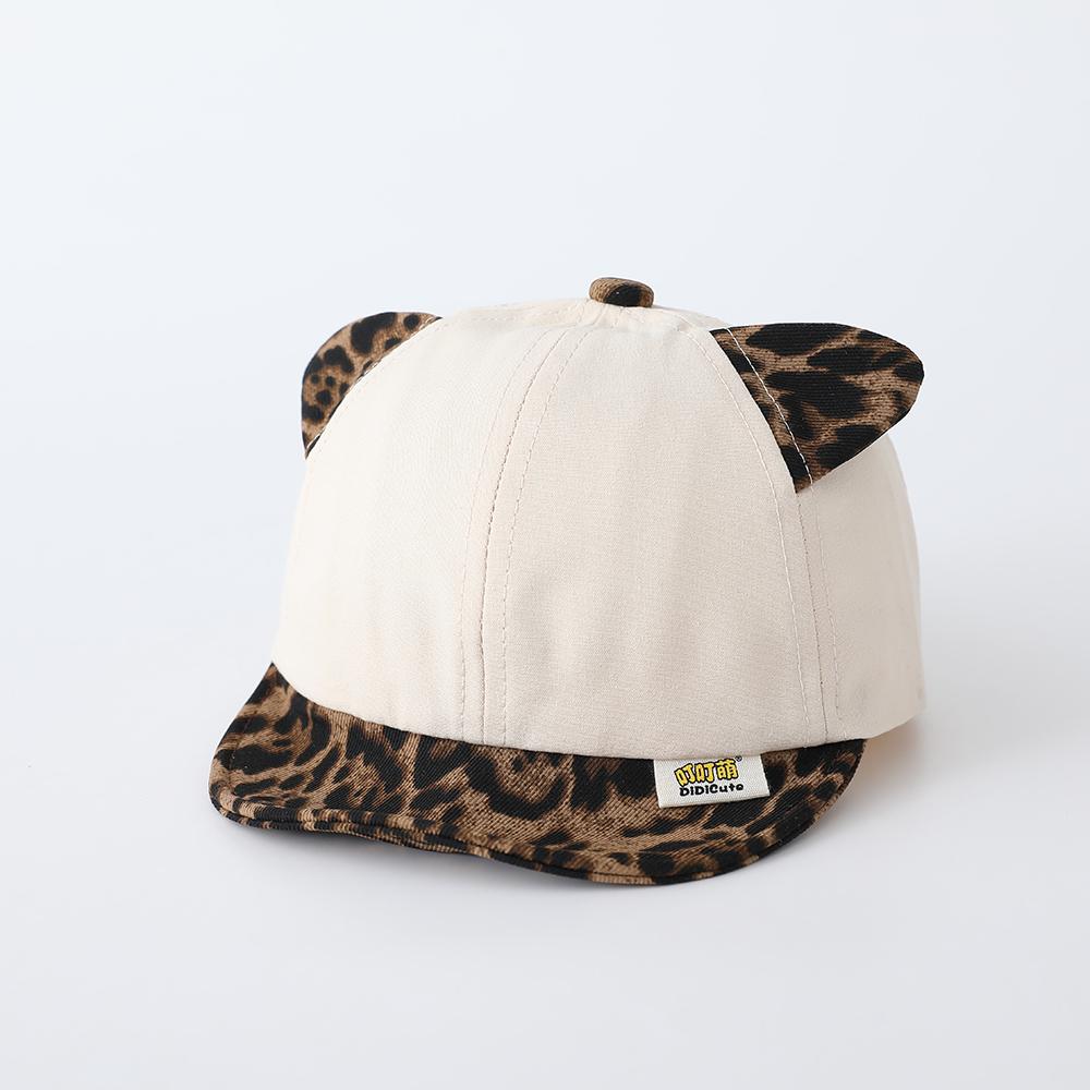Children's Leopard Print Cat-Ear Baseball Cap, Contrast Soft Brimmed Sun Hat, Adjustable, Suitable for Boys and Girls to W
