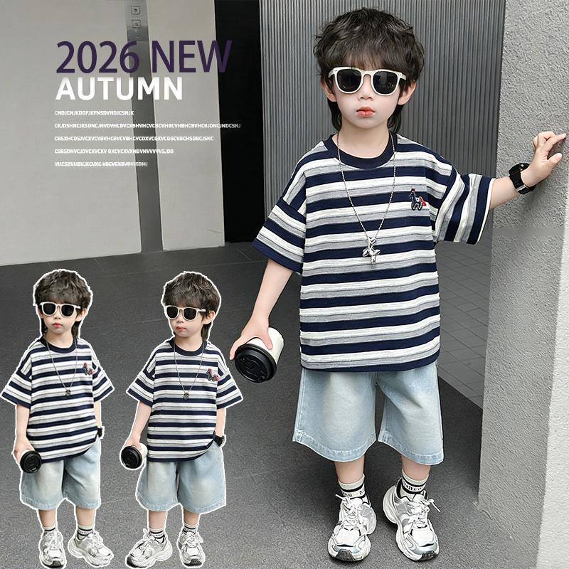 Boys' summer striped short sleeved denim shorts two-piece set, children's handsome and versatile casual set, thin