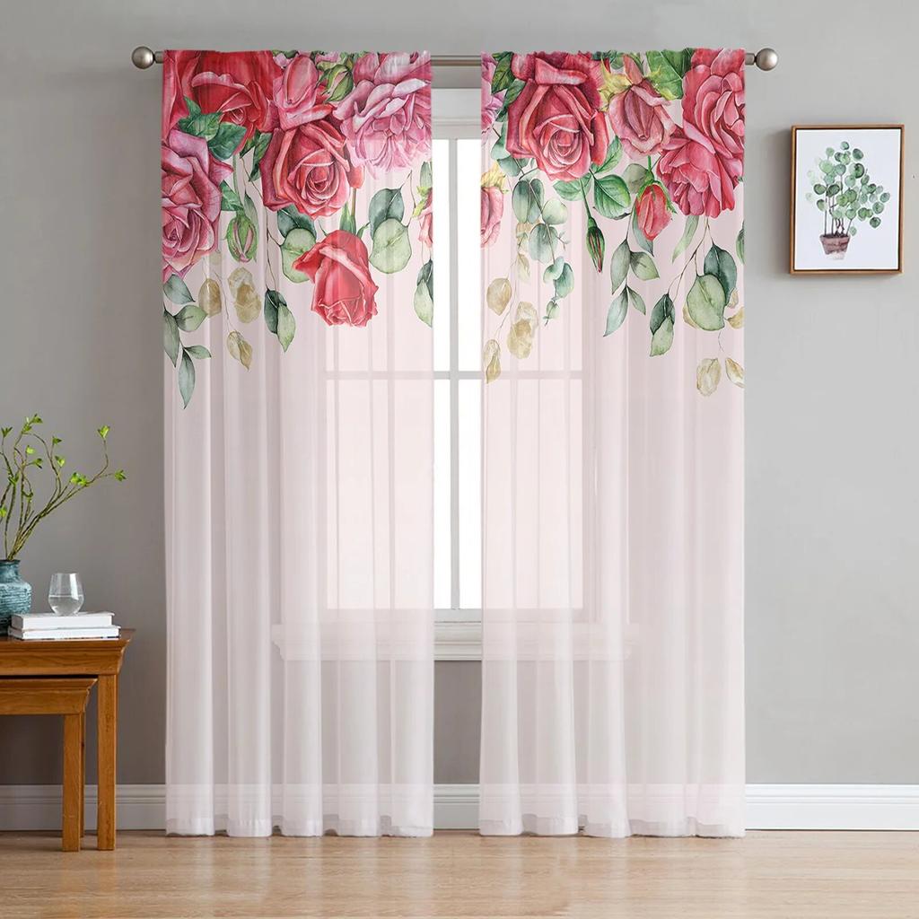 Pink Rose Romantic Luxury Tulle Curtains Modern Living Room Kitchen Chiffon Curtain Bedroom Sheer Valance Curtain
