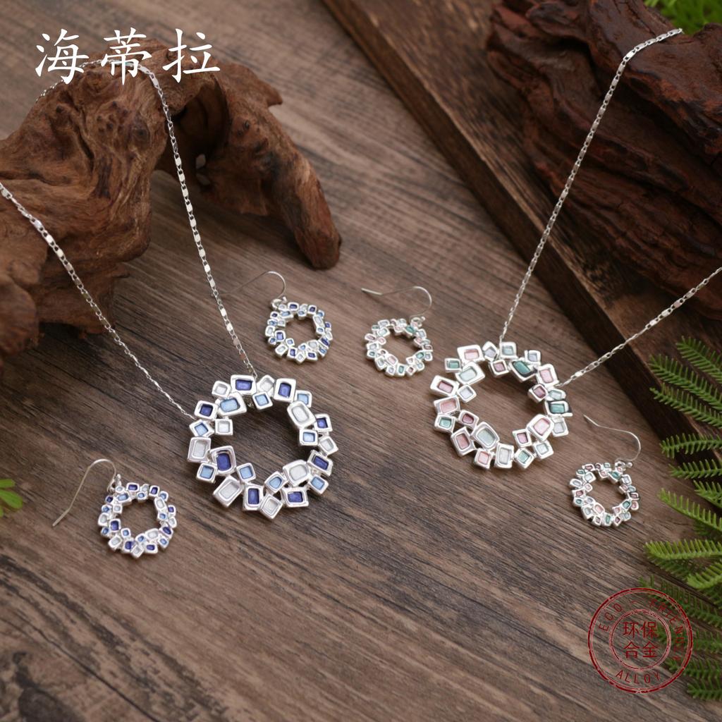 Новый эмалированный геометрический полый кольцевой набор серег-подвесок, женское универсальное преувеличенное геометрическое ожерелье