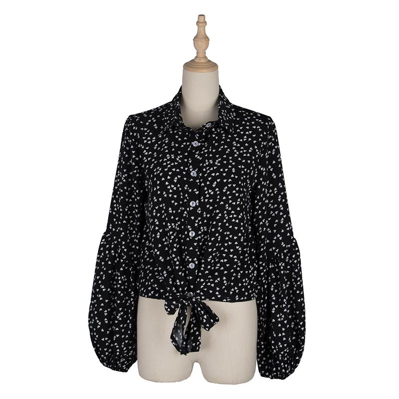 Женская весна-лето повседневная блузка Рубашка Топ с пышными рукавами и отложным воротником Однобортный бандаж из шифона с узором «Любовь» с принтом Черный SML XL