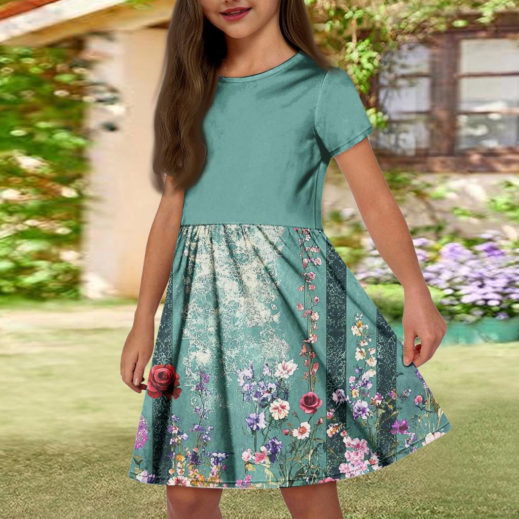 Летнее платье для девочек, однотонное платье без рукавов с принтом и карманом, повседневное платье, вечернее платье с короткими рукавами