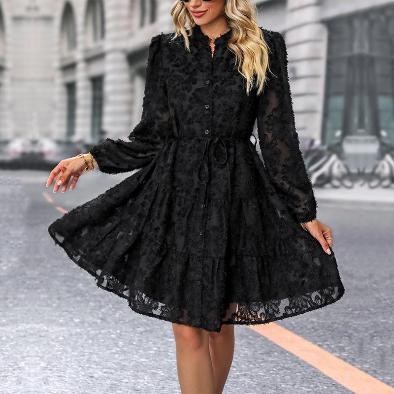 Women Autumn Winter Long Sleeve Print Elegant V-neck A-Line Mid-Length High Waist Dress