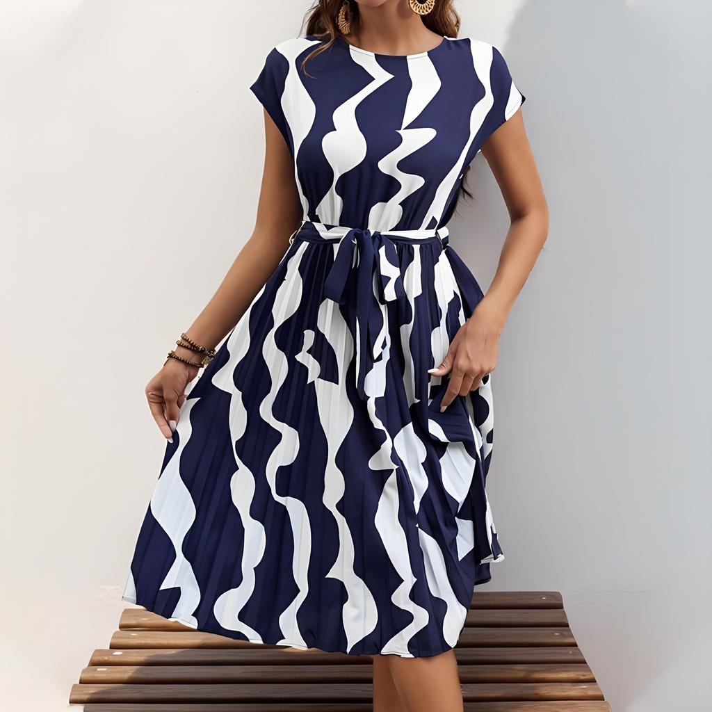 Women's Fashion Summer Spring Geometric Print Short Sleeve O-Neck High Waist Casual Dresses
