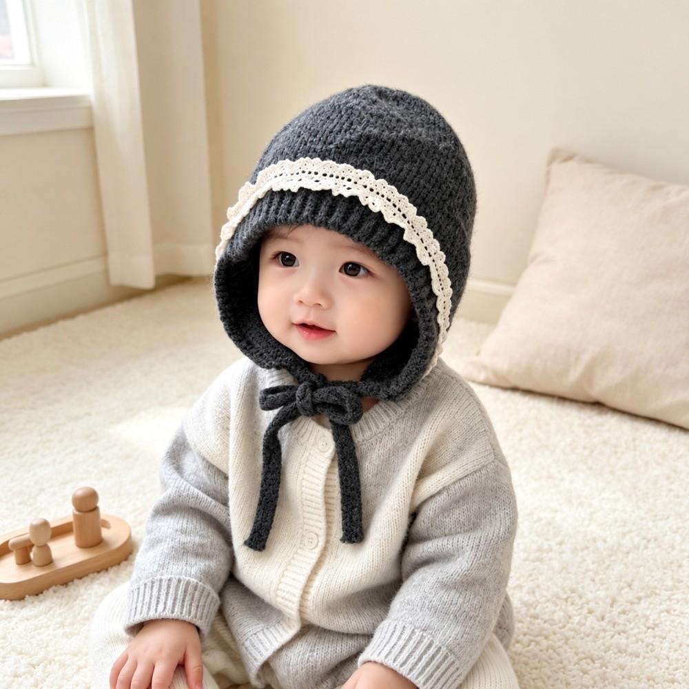 Lace Trim Earflap Bonnet Tie Closure Lace Trim Hat Durable Kids Knit Hat Girls