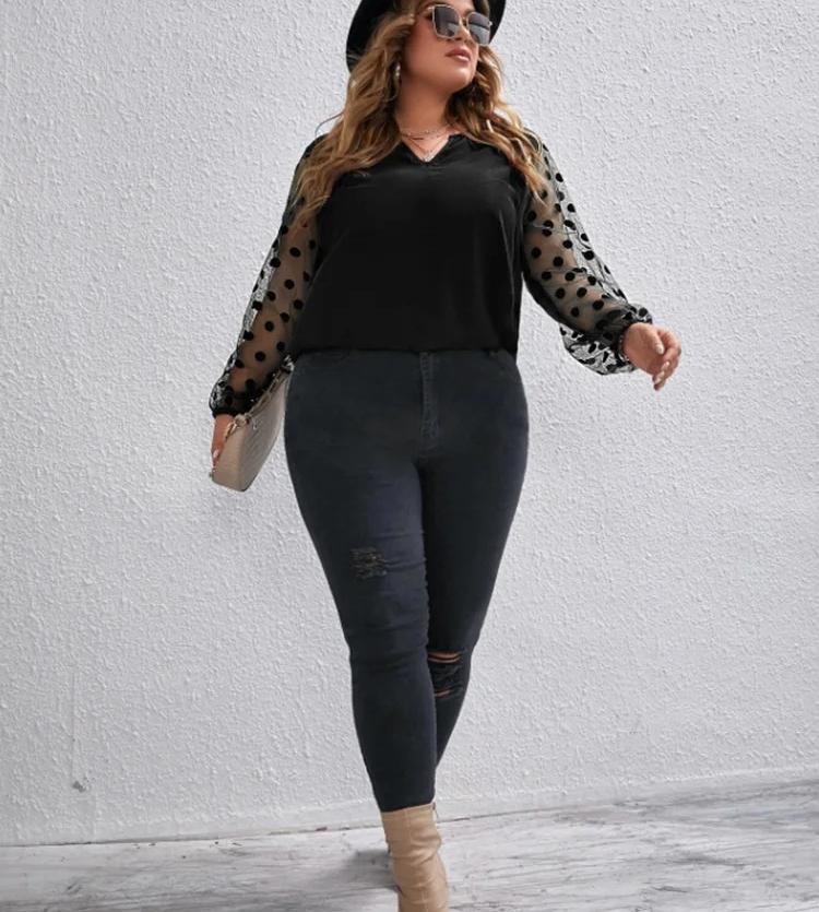 Plus Size Spring Notch Neck Polka Dot Mesh Sleeve Blouse Women Autumn Black Elegant Office Ladies Tops and Blouses