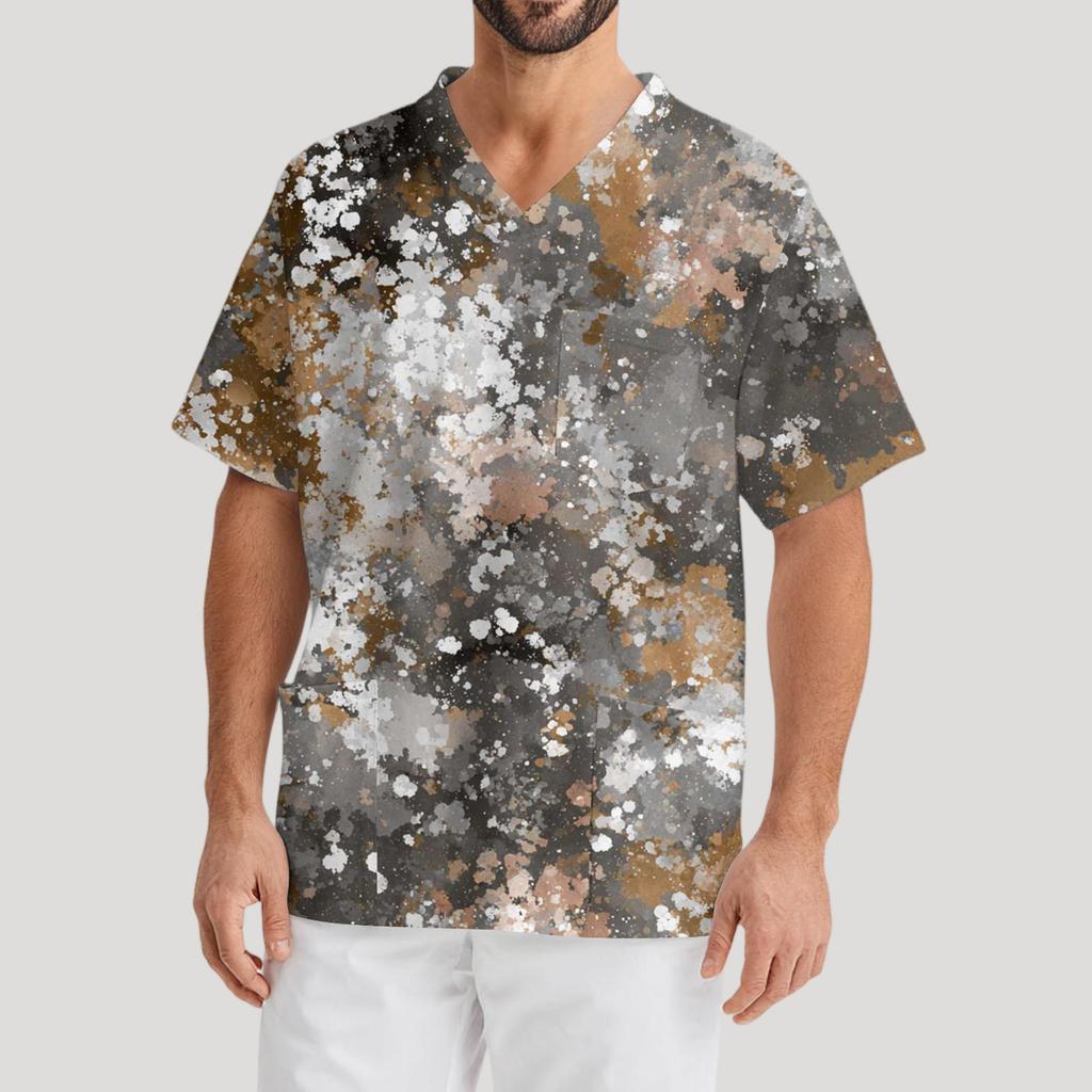 Мужская рабочая блузка с короткими рукавами и v-образным вырезом с принтом, топ с нагрудным карманом