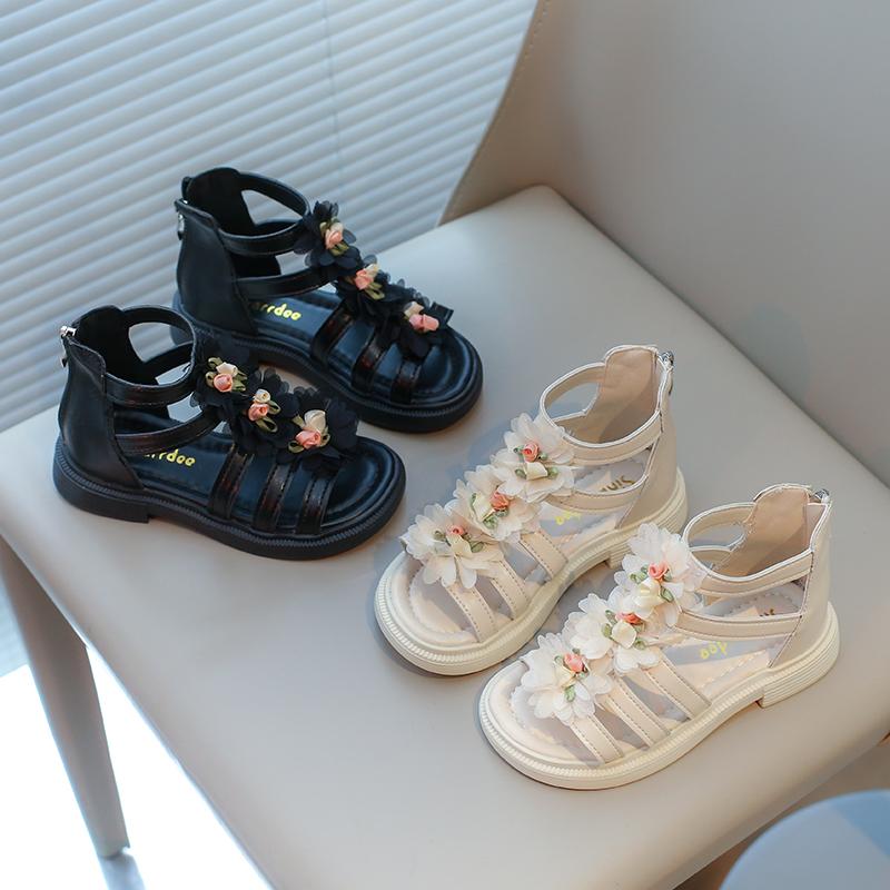 Сандалии для девочек с цветочным принтом, милые гладиаторские пляжные сандалии принцессы 2024 года, новинка лета в богемном стиле с цветами, детские сандалии на молнии, мягкие