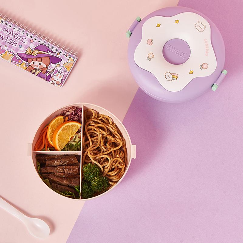 Ланч-бокс для детей, школьников, коробка для закусок, пончик, мультяшный герметичный бенто-бокс, сумки для обеда с вилкой, ложкой, 3 отделения, пригодные для использования в микроволновой печи