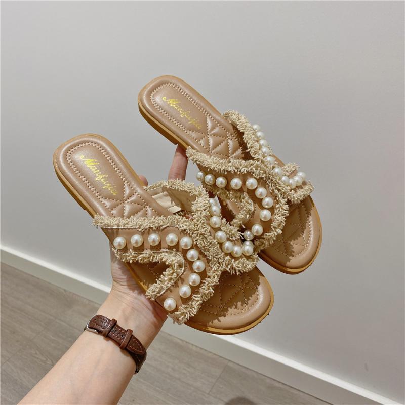 Fairy Wind Pearl Slippers Female Summer Wear 2025 Summer New Korean Version of One-word Drag Flat-soled Soft-soled Beach Shoes Female