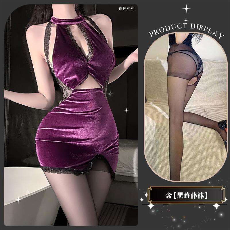 Сексуальное нижнее белье сексуальное горячее кружевное сочетание бархатный темперамент собирающее и стройнящее фиолетовое классическое горло ципао