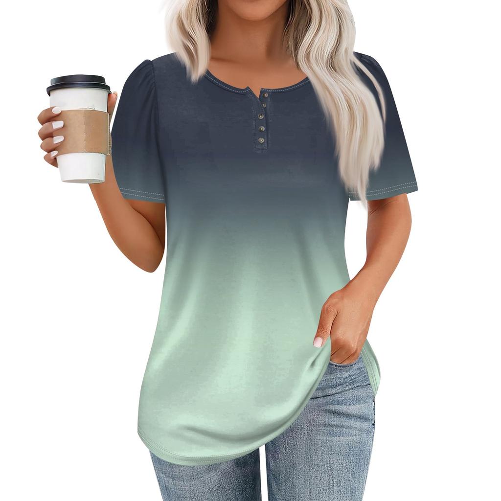 Женский модный повседневный короткий рукав пуловер с принтом на пуговицах и круглым вырезом