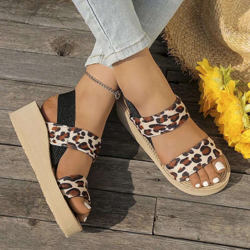 Мода Мода Леопардовый Принт Клиновидные Сандалии Женские 2025 Лето Комфорт Толстая Подошва Пляжная Обувь Женская Легкая Платформа Сандалии Женские