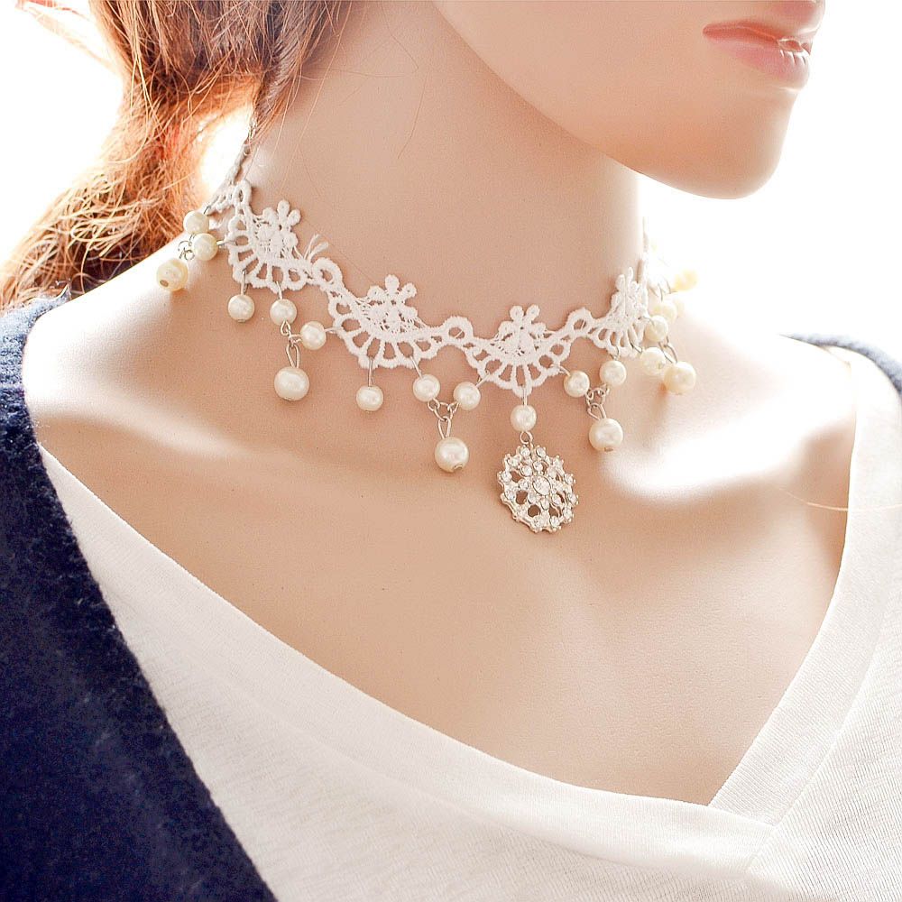 Lady Dangle New Lace Jewelry Flower Gothic Collar Gift White Choker Necklace Beads