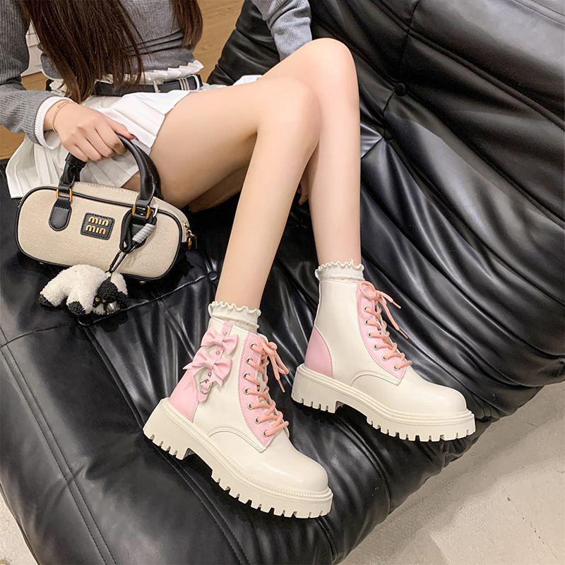 Женские розовые ботинки Мартина с бантом и сердцем - Модные ботильоны на платформе 2025 для весны и осени