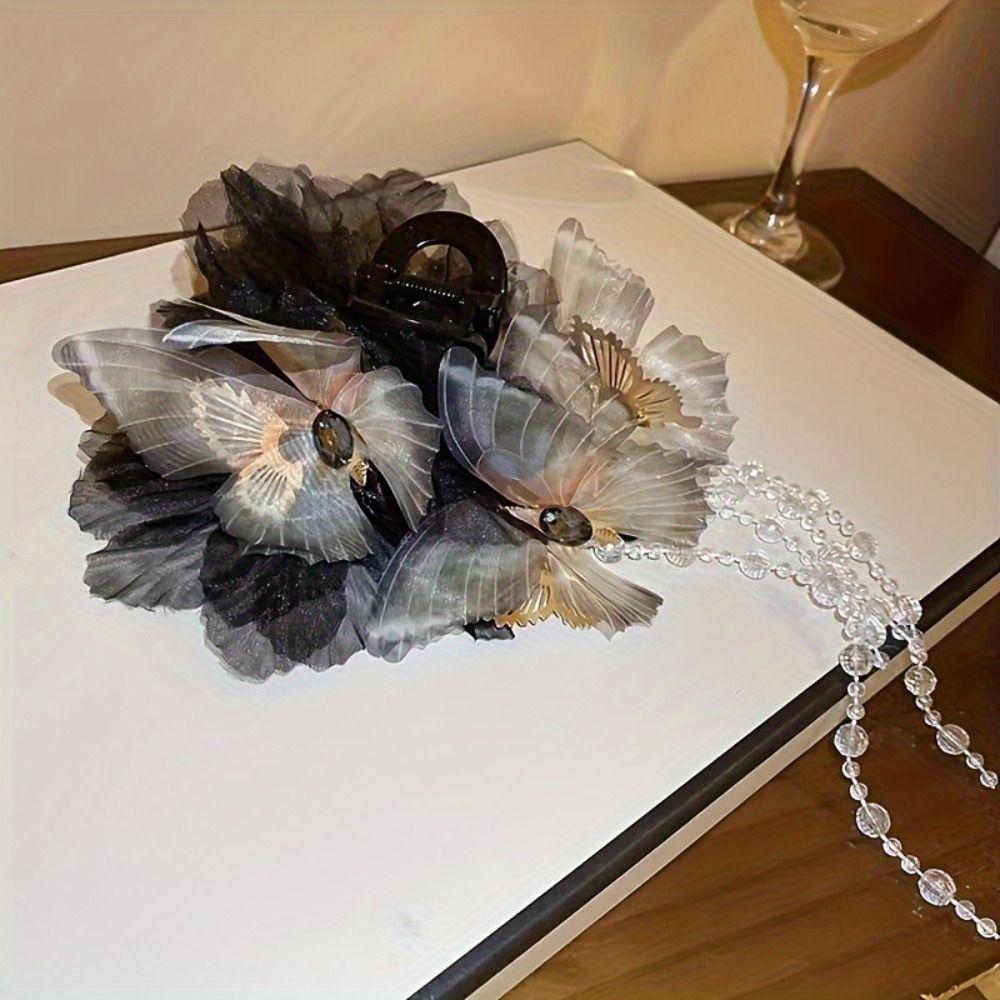 Заколки для волос в виде цветка и бабочки, бусины, зажим для акулы, элегантный зажим для захвата, девочка