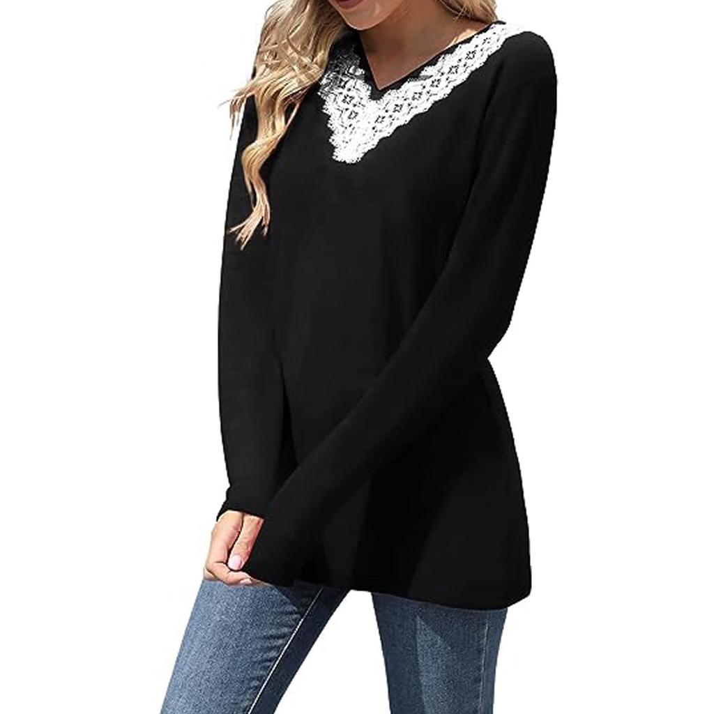 Женская осенне-зимняя новая однотонная кружевная свободная футболка с v-образным вырезом и длинными рукавами, топ