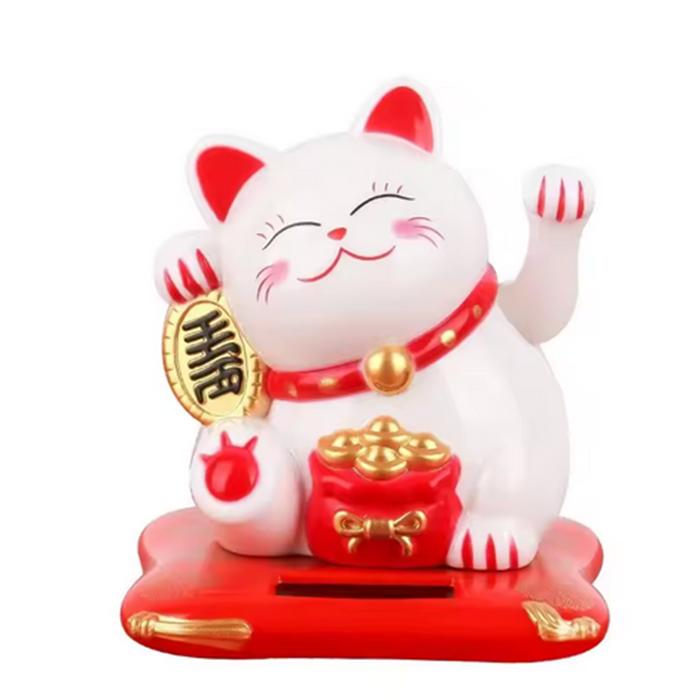 Lucky Beckoning Cat Solar Powered Waving Wealth Good Fortune Awaits Solar-Powered Ornaments For Home, Office