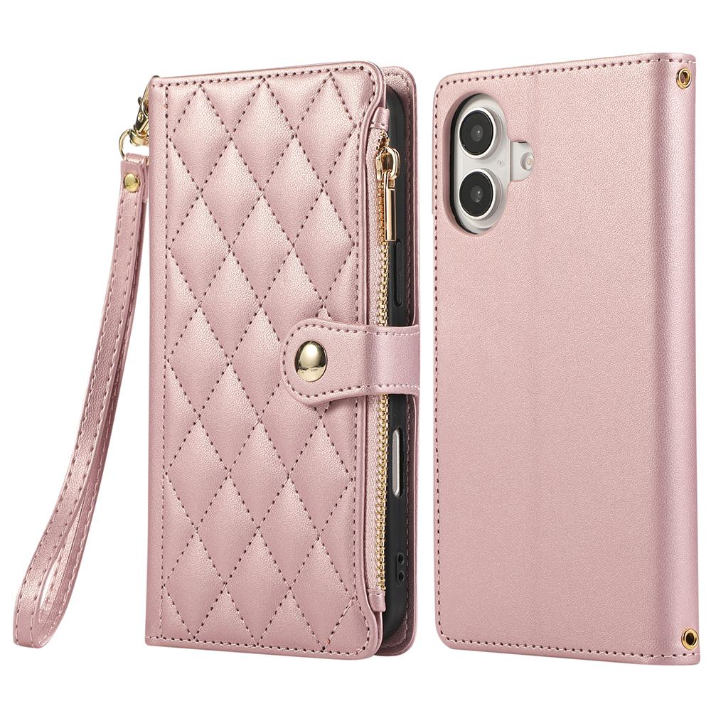 For iPhone 16 Case Multi Card Slots Zipper Rhombus Leather Phone Cover with Wrist Strap