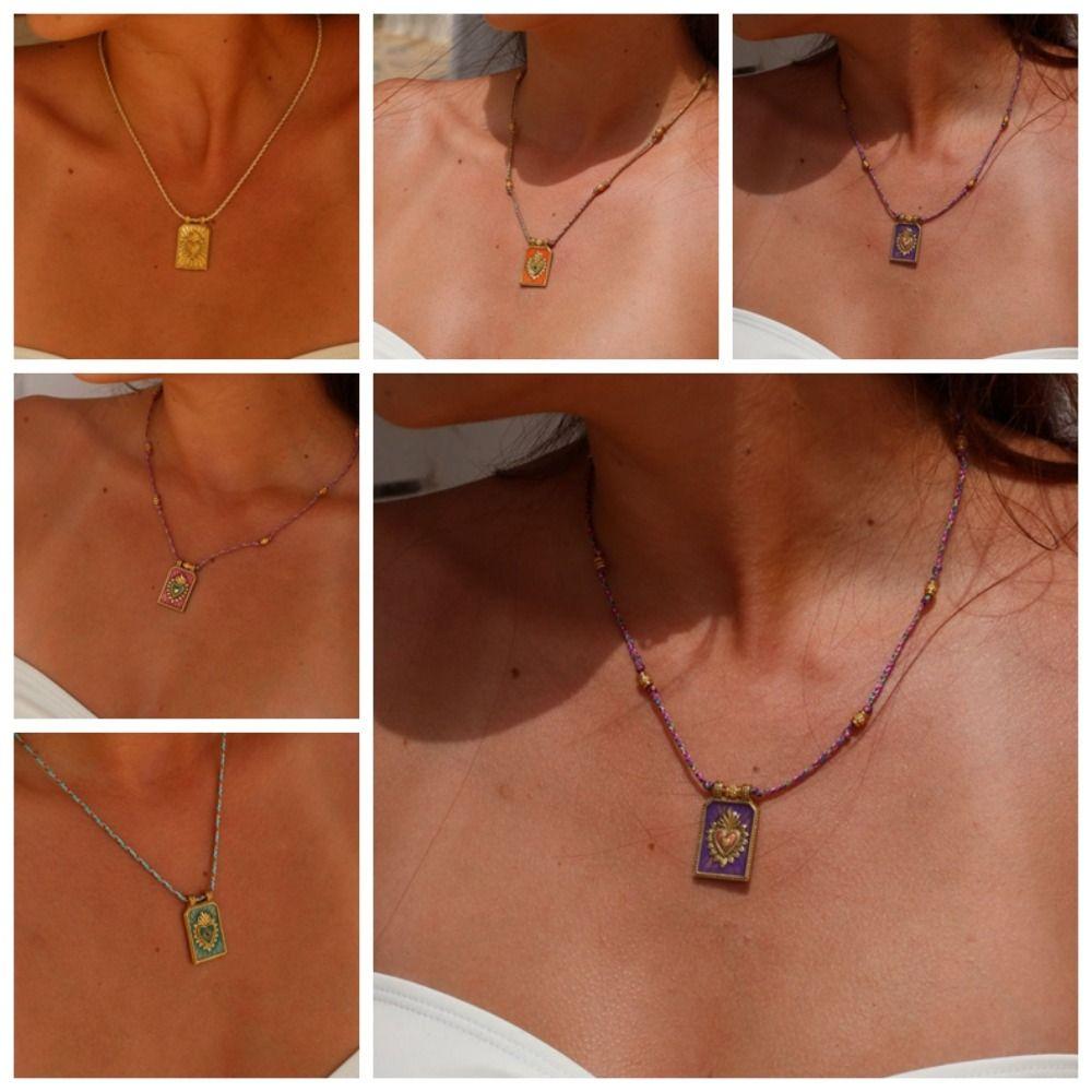 Colorful Card Heart Pendant Necklace Gothic Collarbone Chain Fashion Square Necklace Jewelry Gifts