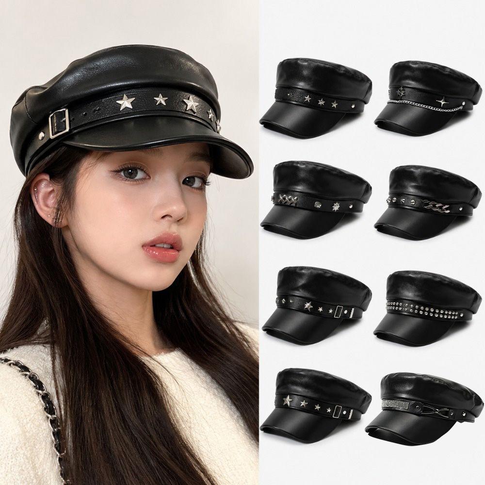 Black Painter Hat PU Leather Sailor Visor Hat Retro Newsboy Cap