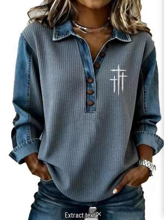 Женская модная джинсовая рубашка-пуловер с лацканами и длинным рукавом 2026