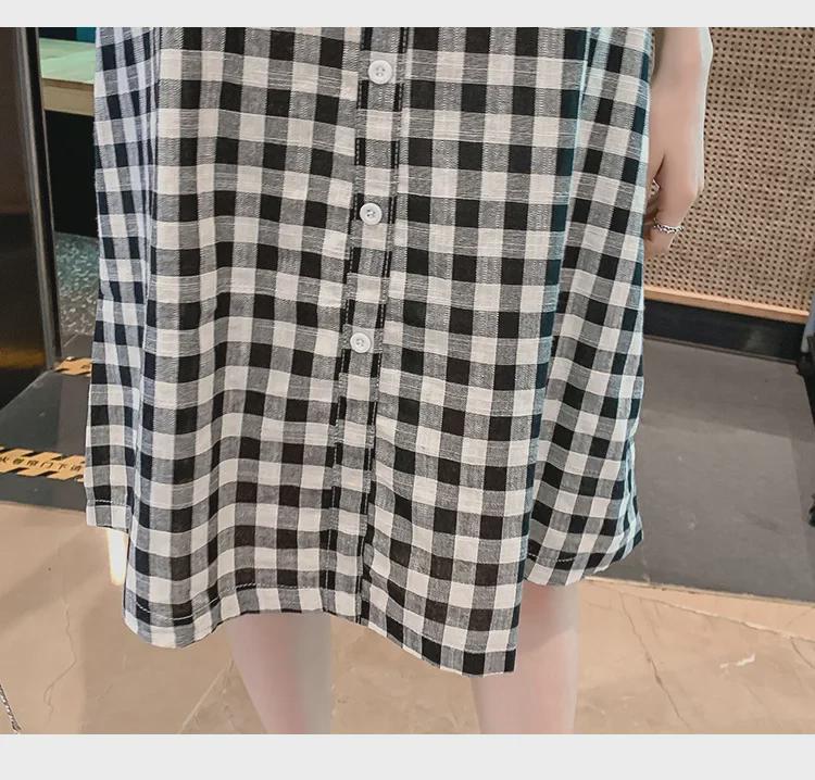 Stylish Plaid V-Neck Buttoned Maternity Dress - Loose Fit, Plus Size, for Summer