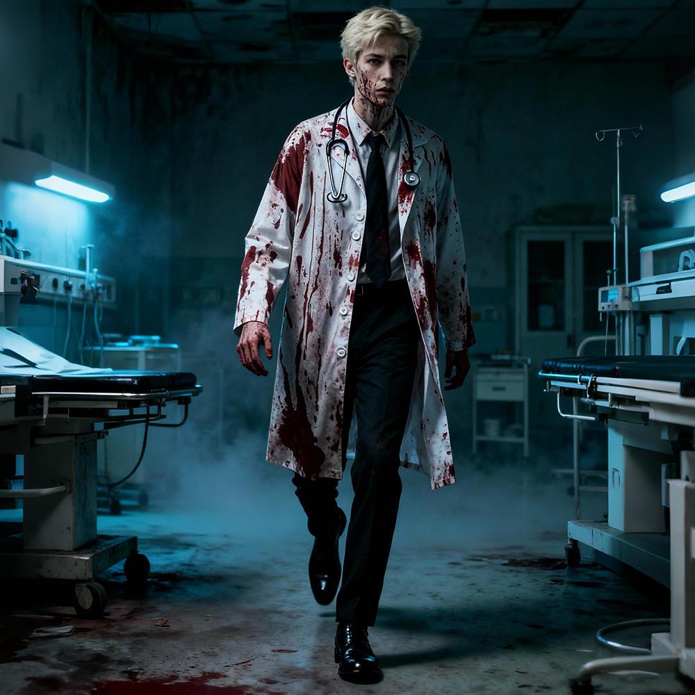 Cosplay Halloween Masquerade Party Uniform, Couple Horror Male Doctor COS Uniform Horror Bloody Female Nurse Uniform Zombie