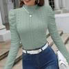 Women's Plain Eyelet Embroidery Lettuce Trim Tee Elegant Mock Neck Leg of Mutton Sleeve T Shirt for Spring Fall Fashion Women's