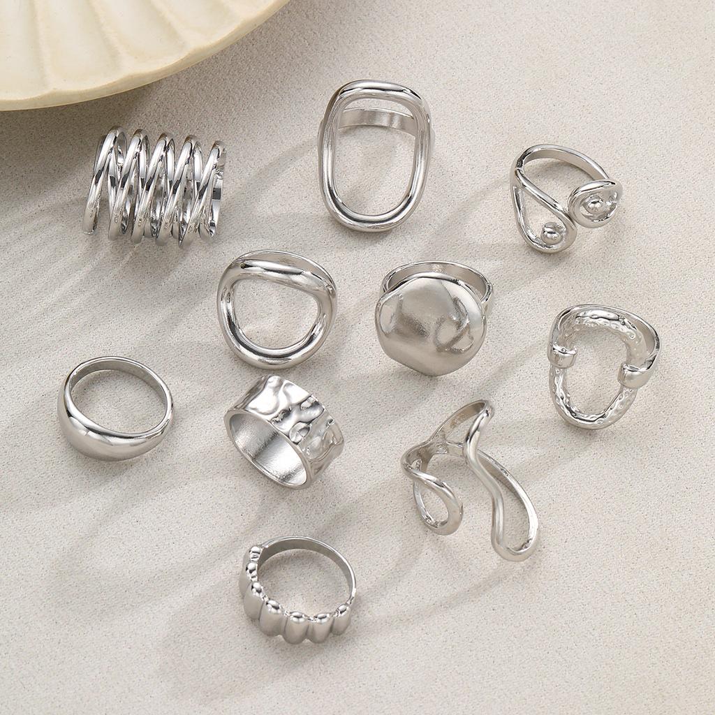 10pcs Set Vintage Old Coin Style Asymmetrical Open Ring For Women Fashion CCB Geometric Hollow Decor Rings Vacation Date Jewelry