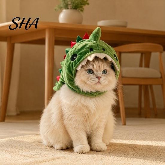 Breathable Pet Accessory for Photos Cute Dinosaur Hat Cats, Soft Plush Funny Cat Headwear Functional Grooming with Shark Design, Novelty Green Costume