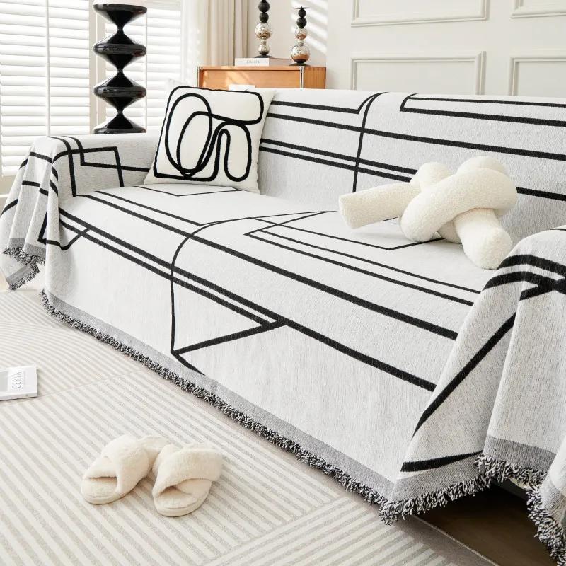 Black Lines Chenille Sofa Cover Cloth Sofa Blanket Cover Full Universal Couch Towel Dust Proof Sofa Cushion Cover