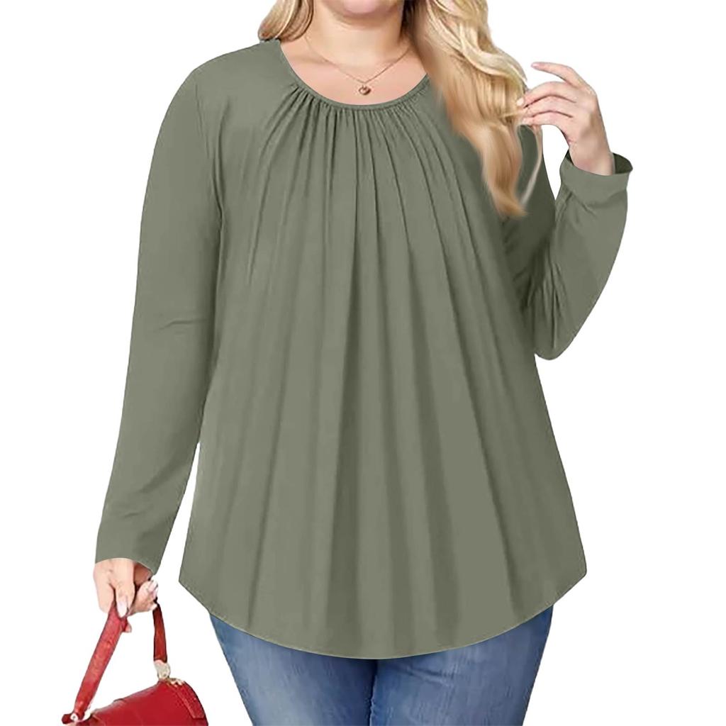 Women's Plus Size Fashion Solid Colour Casual Pleated Round Neck Long Sleeve Top