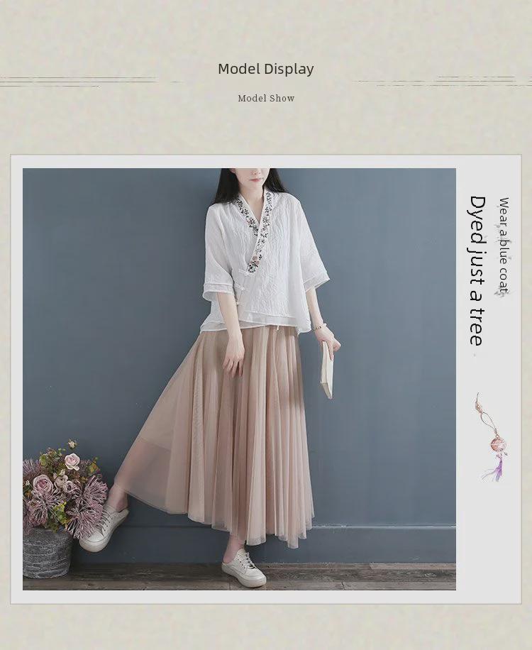 Хлопковая рубашка в китайском стиле в стиле ретро: Женский кардиган из двух частей со средним рукавом и косым воротником