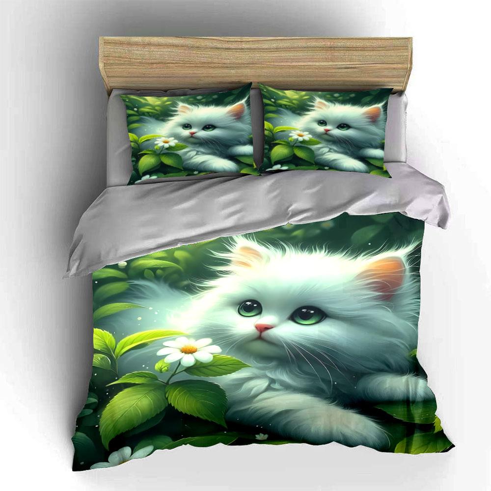 White Cat Gazing at Leaves Print Bedding Set 1 Duvet Cover 2 Pillowcases for Adult and Children Luxury Gift Full Size