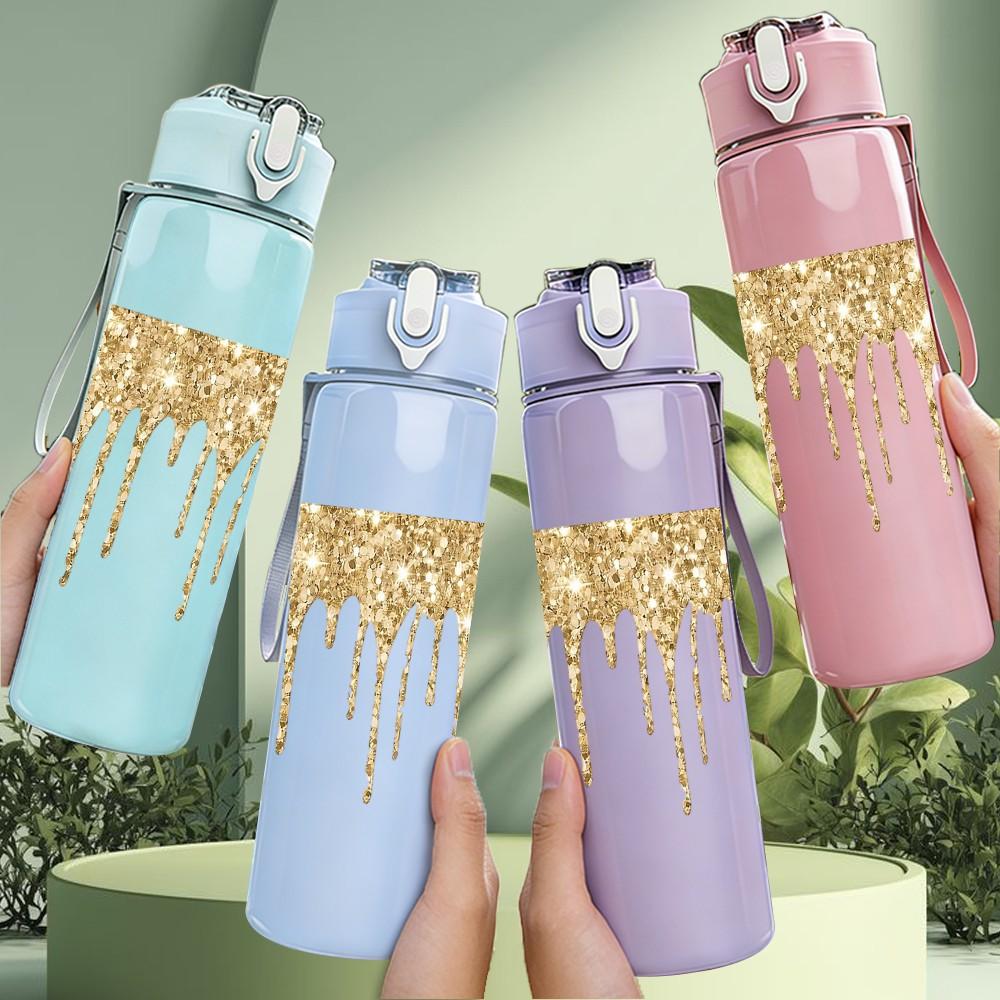 1PC Gold Glitter Drip Texture 750ml Color Plastic Sports Water Bottle Leakproof Flip Straw Lid Suitable for Sports Office Home Use