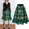 Женская юбка с высокой эластичной резинкой на талии, ажурное кружево с цветочным принтом, большая распашная двухслойная юбка до середины икры, женская вечерние юбка-миди для поездок на работу