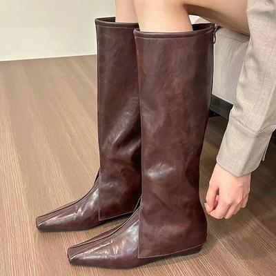 Женские туфли на плоской подошве, высокие сапоги с острым носком, классические ботинки челси, кожаные туфли до колена, тренд 2024 года, зимние дизайнерские готические туфли, Zapatos