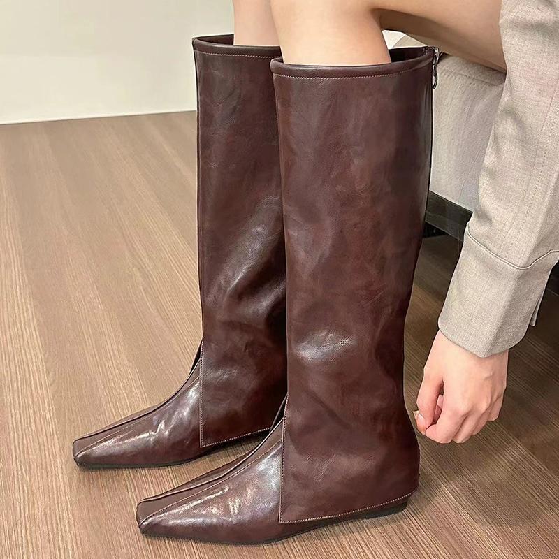 Женские туфли на плоской подошве, высокие сапоги с острым носком, классические ботинки челси, кожаные туфли до колена, тренд 2024 года, зимние дизайнерские готические туфли, Zapatos