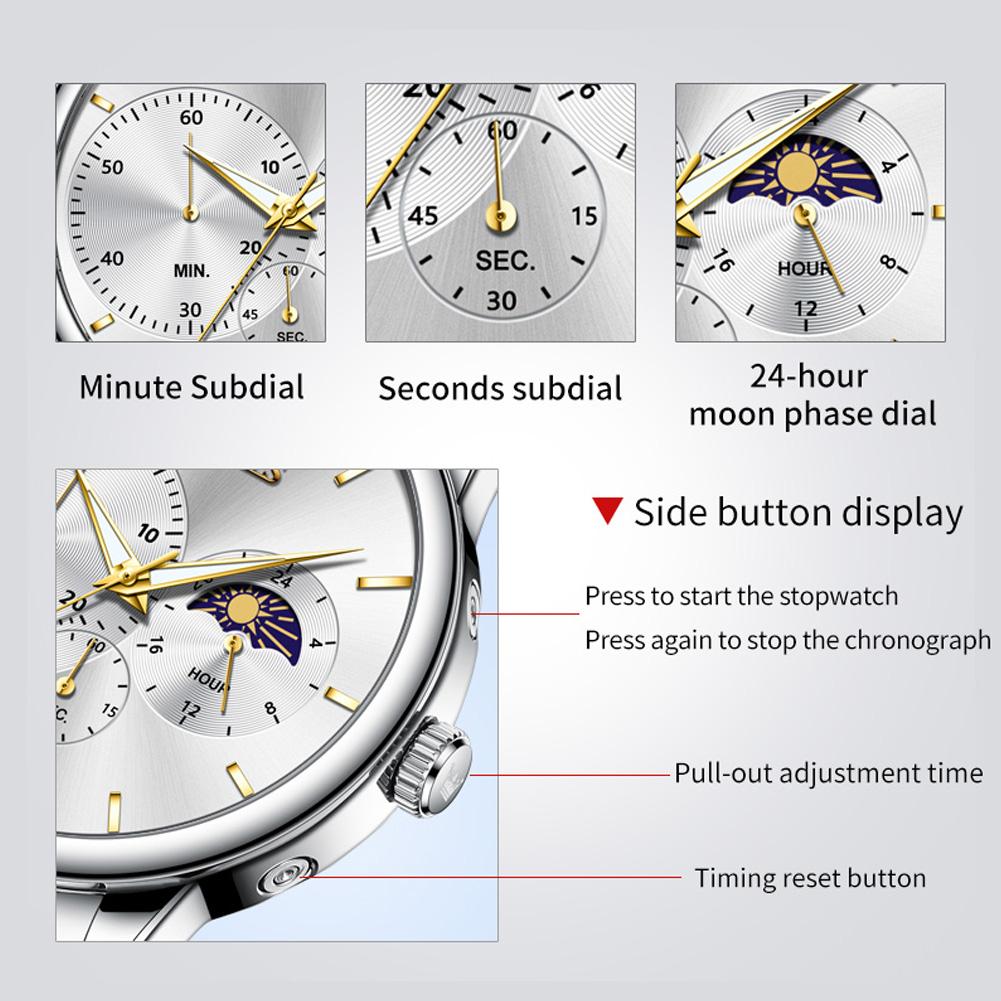 OLEVS Moon Phase Men's Watch Simple Casual Original Fashion Quartz Watch for Men Waterproof Luminous Stainleess Steel Wristwatch