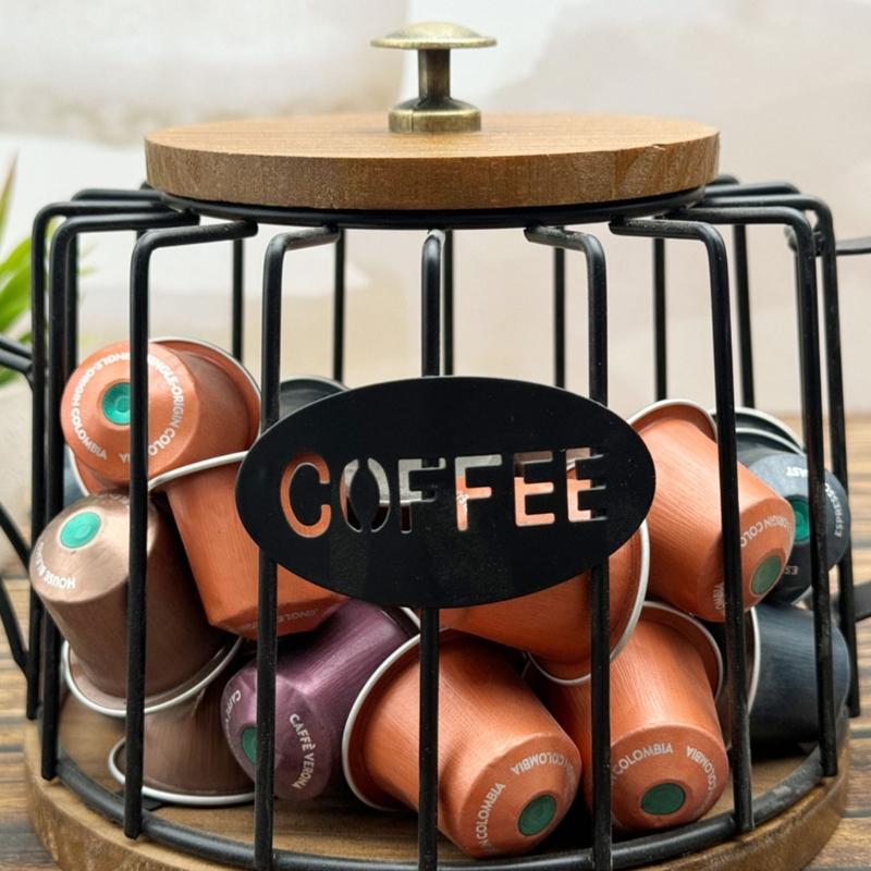 Органайзер для кофейных капсул с крышкой, большой вместимости, корзина для хранения капсул эспрессо, деревянная основа, кухонная столешница, подставка для чашек